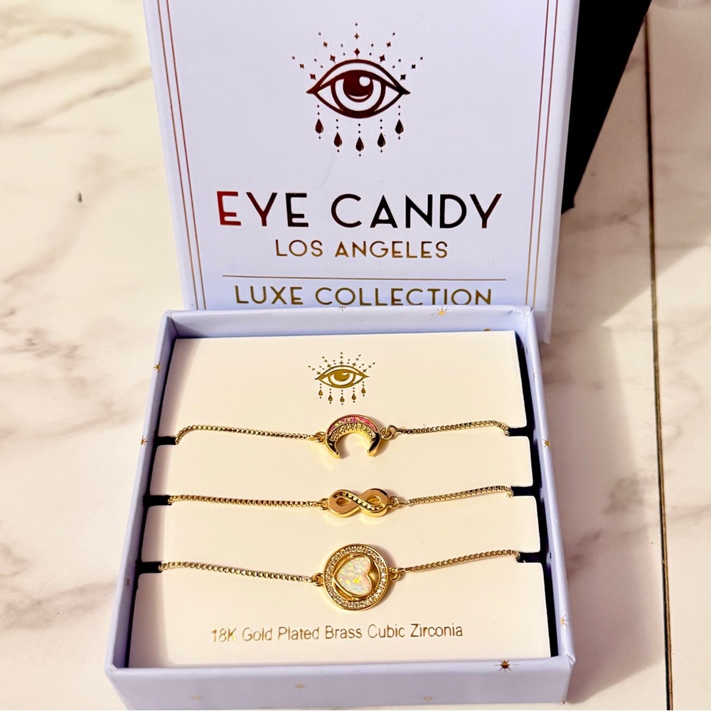 Eye Candy LA - 3 pc. Celestial Bolo Bracelet Boxed Set Pink & White Opal CZ Gold